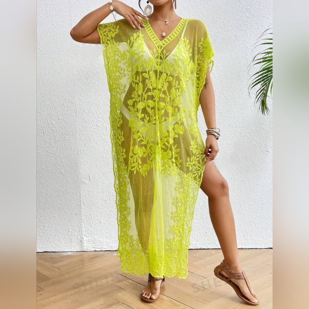 Embroidered v neck mesh coverup with split sides
